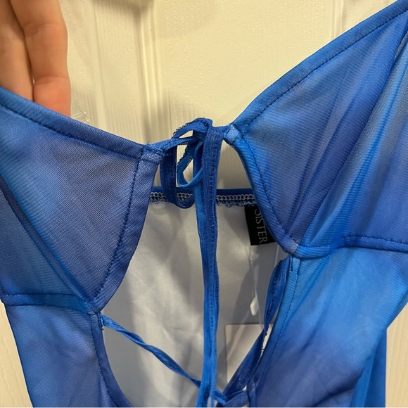 NWT Sister Party Blue Mesh Lace Up Bodycon Mini Dress Sleeveless - Picture 2 of 7